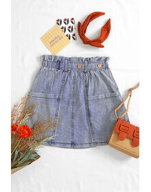 Fine Frill Trim Elastic Waist Patch Pockets Jeans Skirt ( Light Denim)